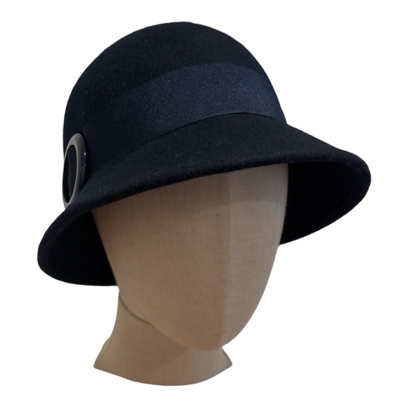 90s WOOL FELT NAVY CLOCHE HAT W GROSGRAIN RIBBON & NAVY BUCKLE RETRO WHMISY 8" - Picture 4 of 7